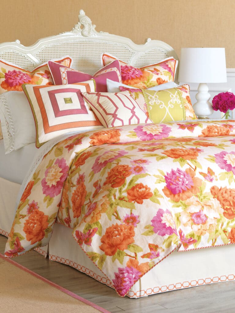 Orange and pink floral beding. Custom bedding near me at Eye on Design in Belleville, Illinois
