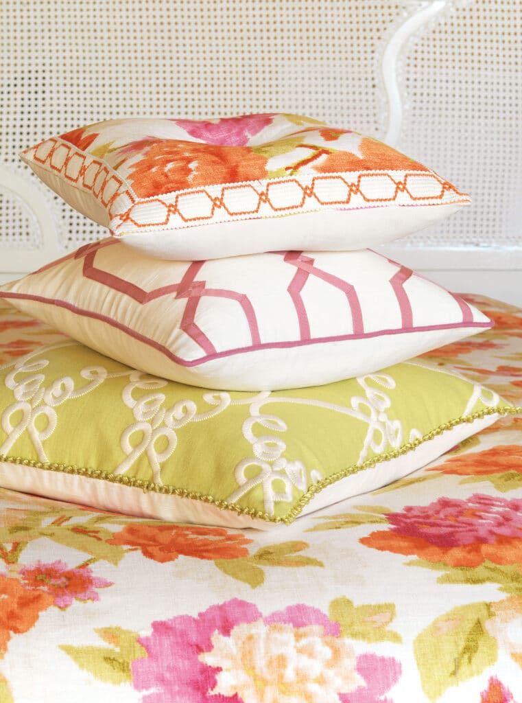Orange and hot pink bedding. Custom bedding near me at Eye on Design in Belleville, Illinois