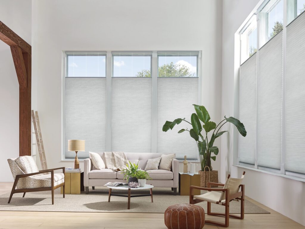 Custom tall blinds in vintage living room