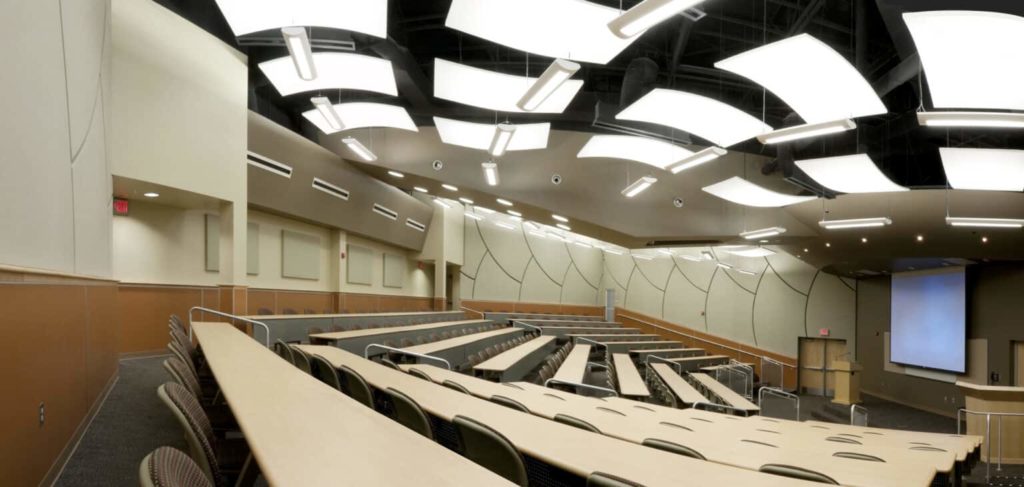 custom acoustic panels installed in a lecture hall
